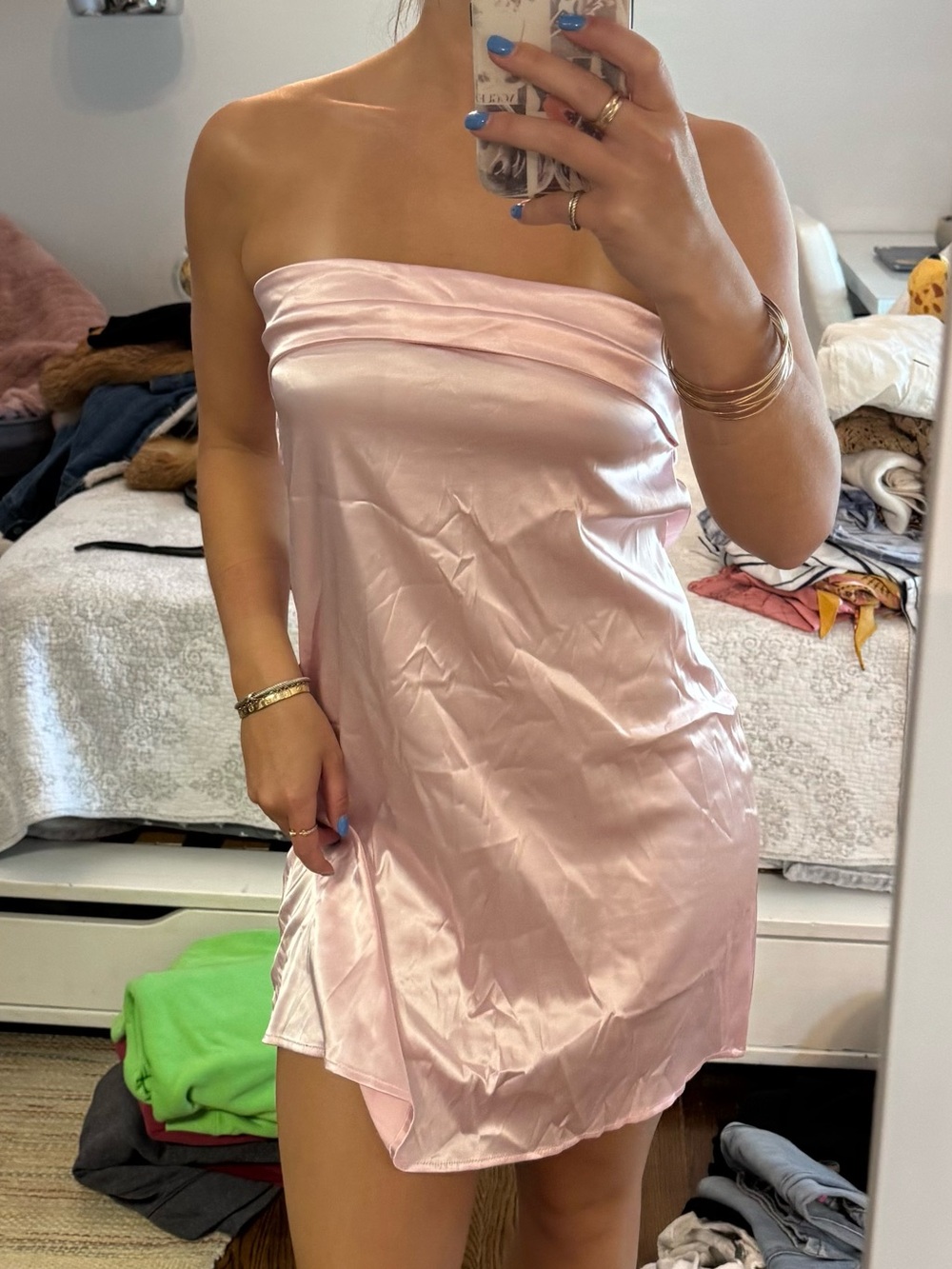 Strapless Satin Slip Dress in Light Pink